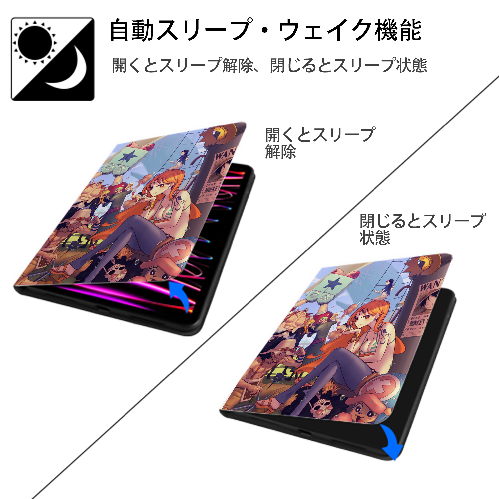 ワンピース ONE PIECE IPad ケース ペン収納付き 三つ折りスタンド PUレザー×シリコン 対応機種9.5/10.5/10.9インチ