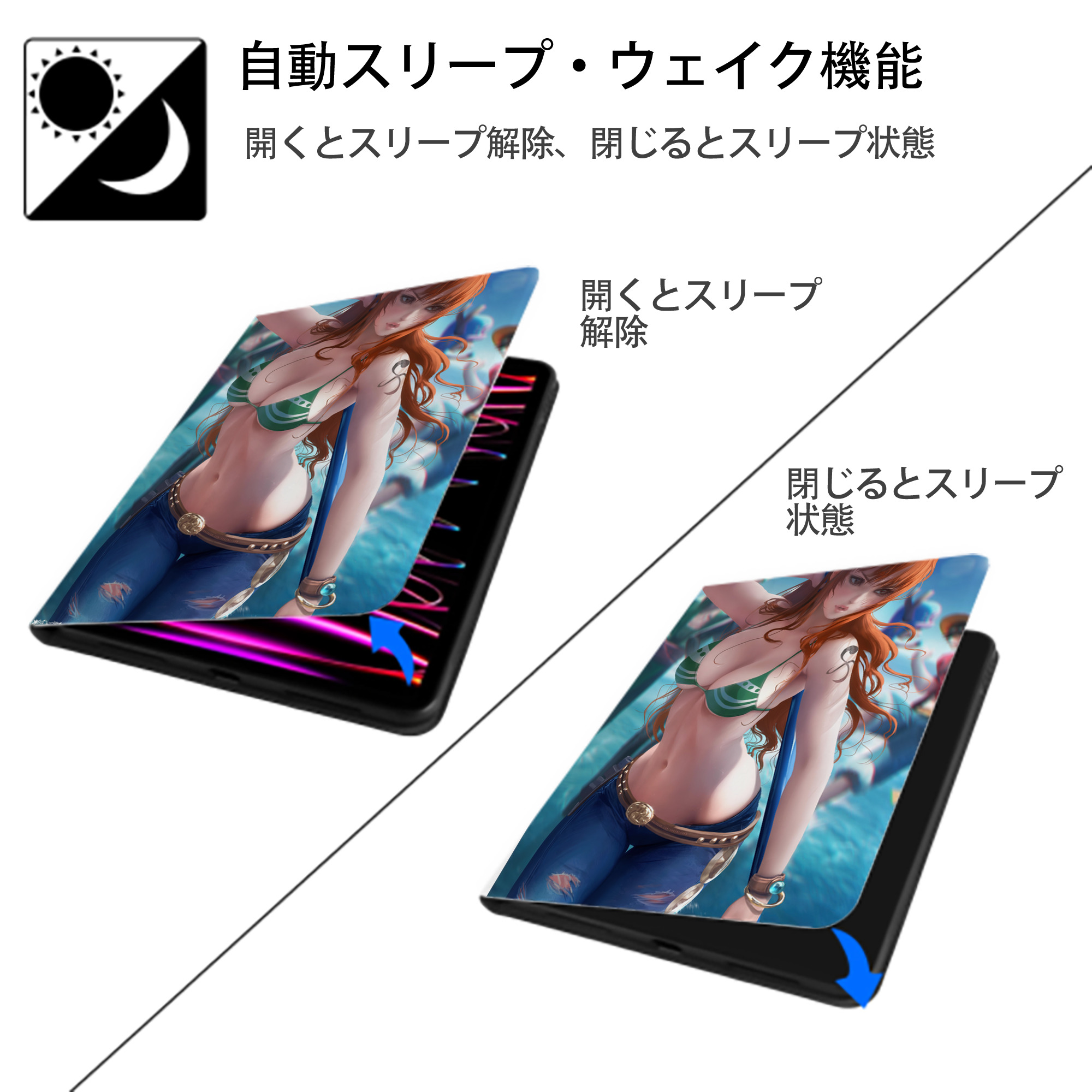 ワンピース ONE PIECE IPad ケース ペン収納付き 三つ折りスタンド PUレザー×シリコン 対応機種9.5/10.5/10.9インチ