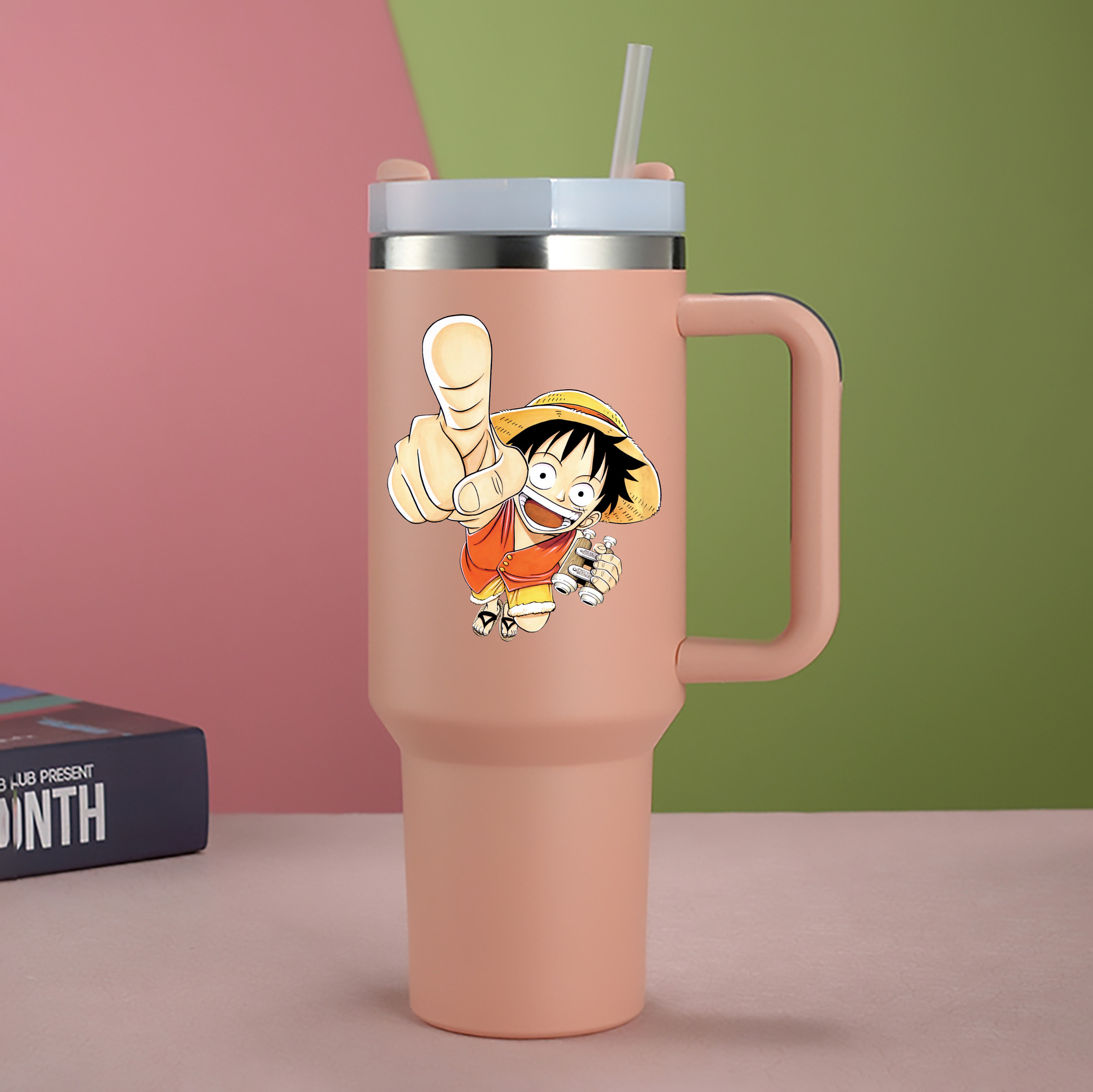 ワンピース モンキー・D・ルフィ ONE PIECE Monkey D. Luffy 1200mL車用タンブラー - クリスタルステッカー（プラスチックストロー付き）