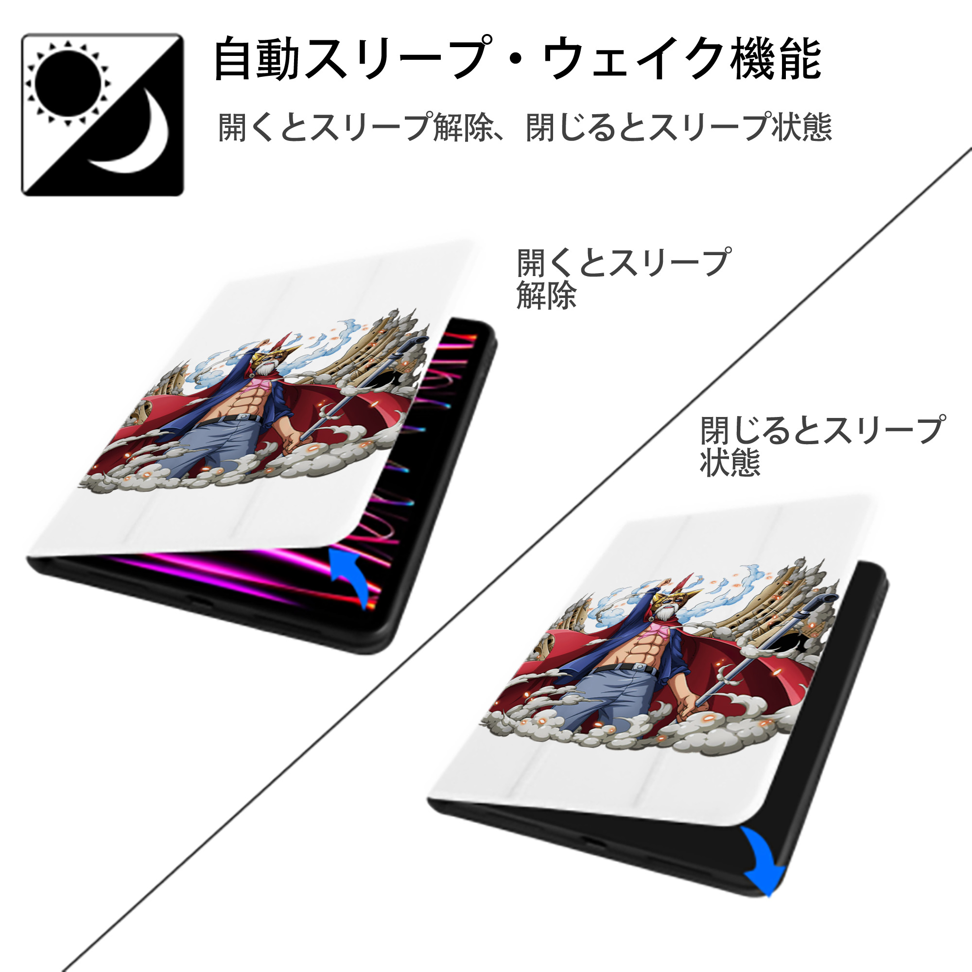 ワンピース モンキー・D・ルフィ ONE PIECE Monkey D. Luffy IPad ケース ペン収納付き 三つ折りスタンド PUレザー×シリコン 対応機種9.5/10.5/10.9インチ