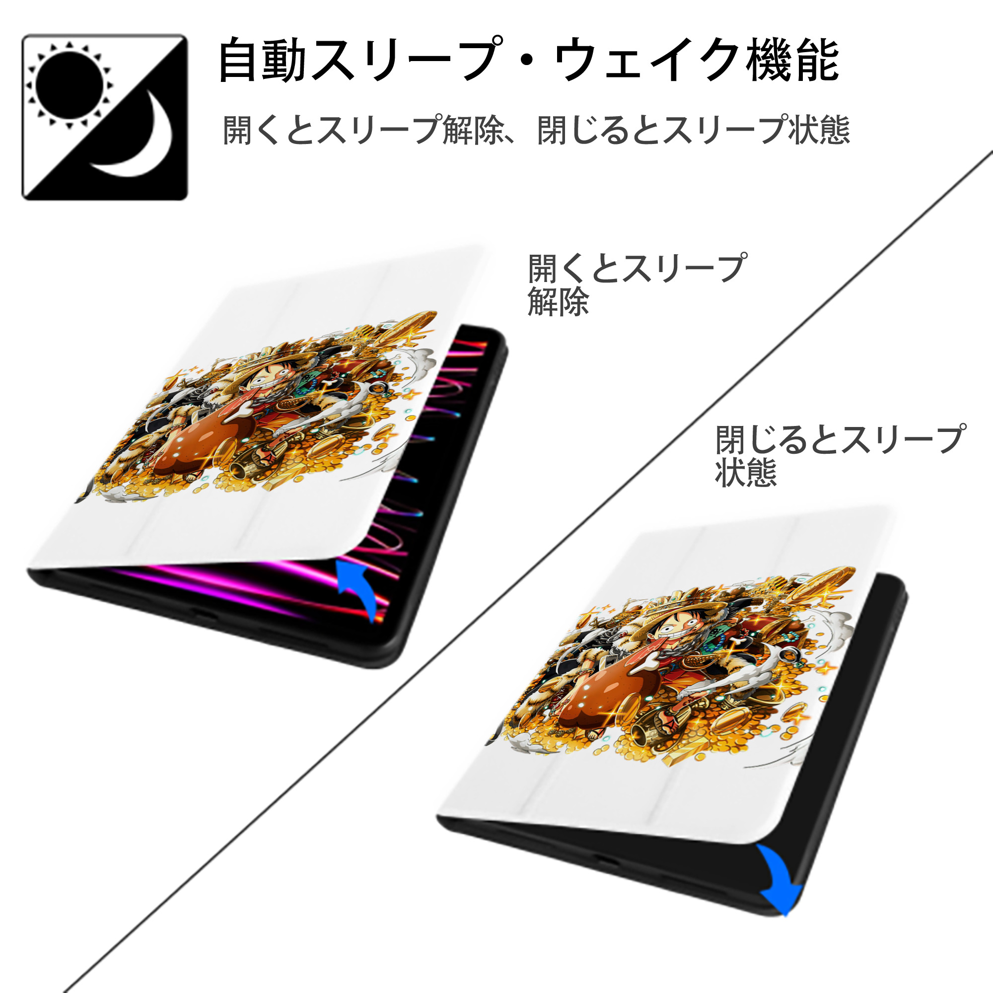 ワンピース モンキー・D・ルフィ ONE PIECE Monkey D. Luffy IPad ケース ペン収納付き 三つ折りスタンド PUレザー×シリコン 対応機種9.5/10.5/10.9インチ
