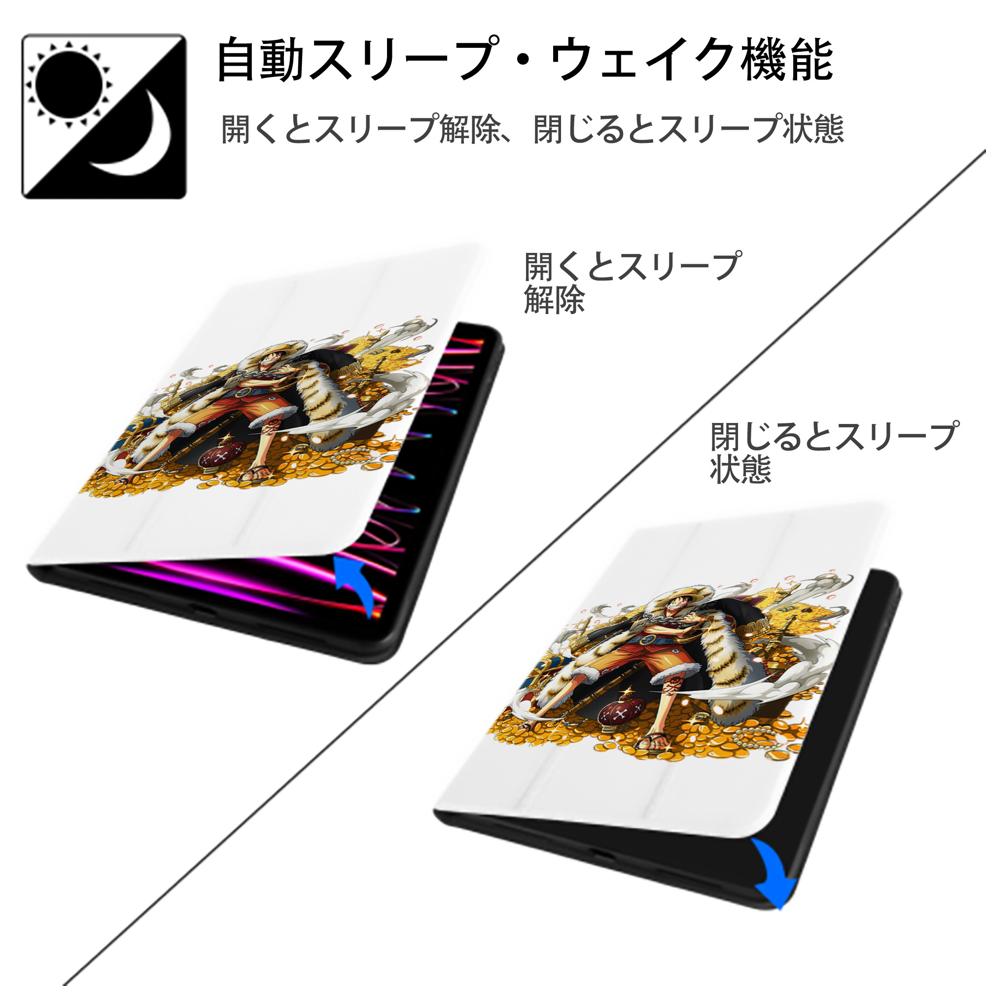 ワンピース モンキー・D・ルフィ ONE PIECE Monkey D. Luffy IPad ケース ペン収納付き 三つ折りスタンド PUレザー×シリコン 対応機種9.5/10.5/10.9インチ