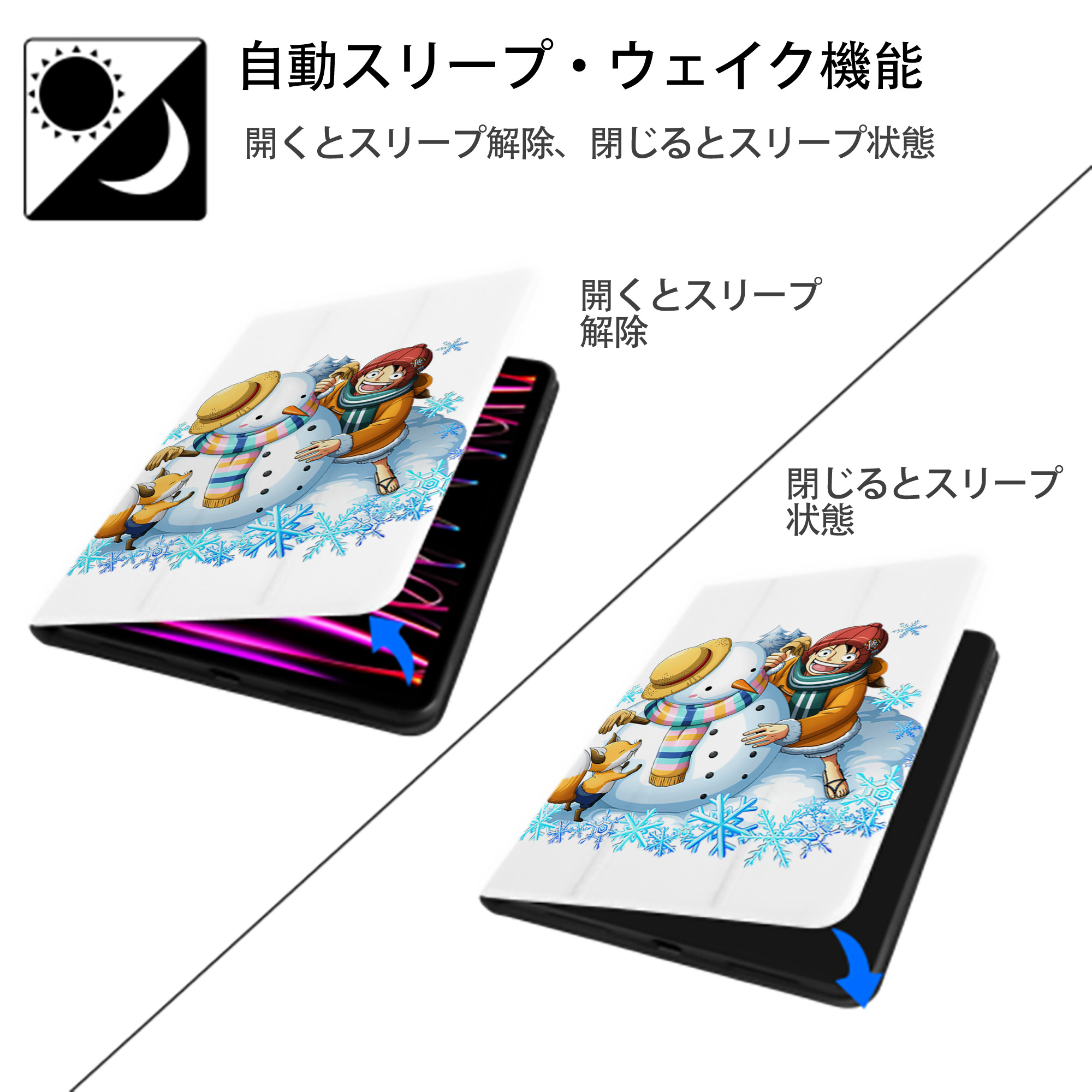 ワンピース モンキー・D・ルフィ ONE PIECE Monkey D. Luffy IPad ケース ペン収納付き 三つ折りスタンド PUレザー×シリコン 対応機種9.5/10.5/10.9インチ
