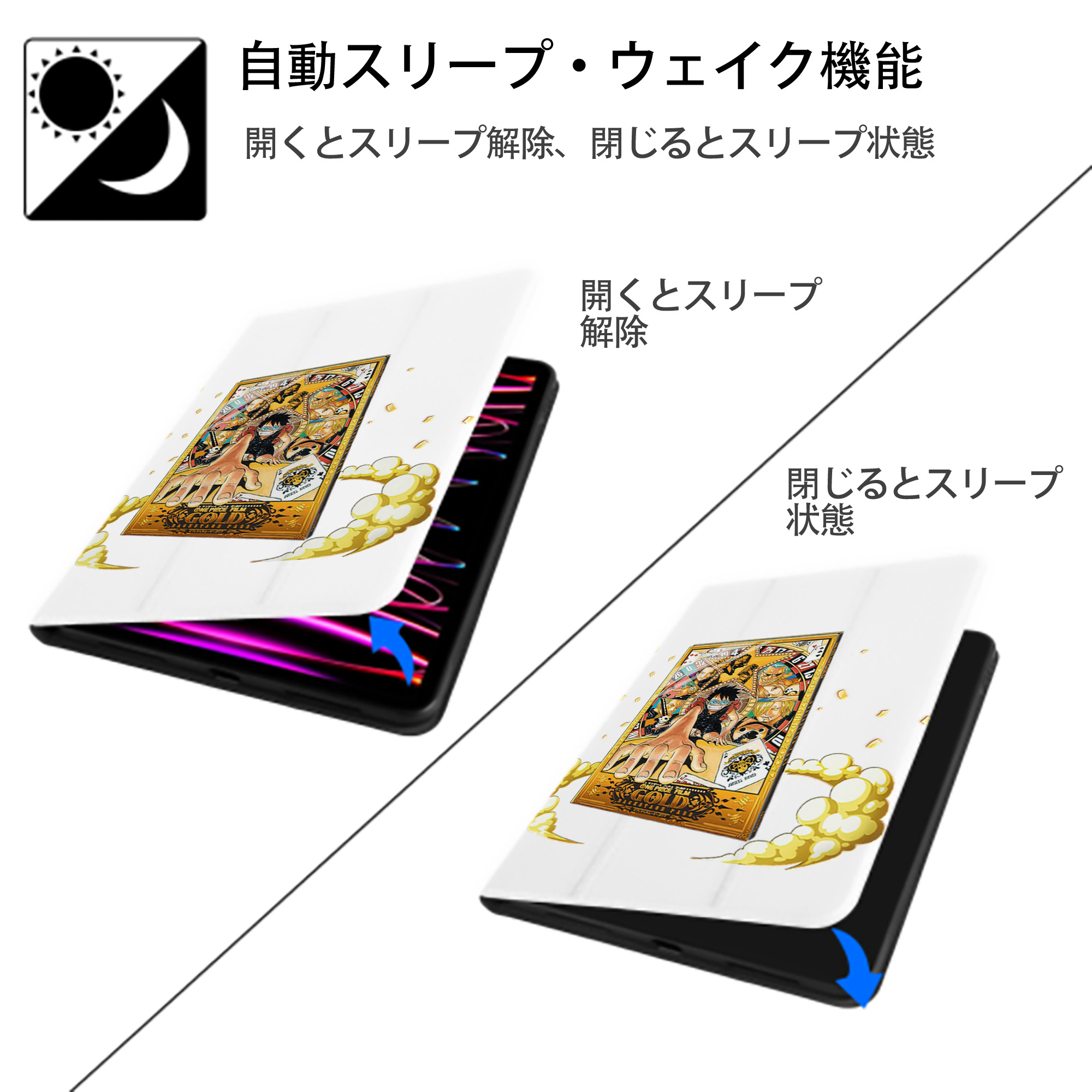 ワンピース モンキー・D・ルフィ ONE PIECE Monkey D. Luffy IPad ケース ペン収納付き 三つ折りスタンド PUレザー×シリコン 対応機種9.5/10.5/10.9インチ