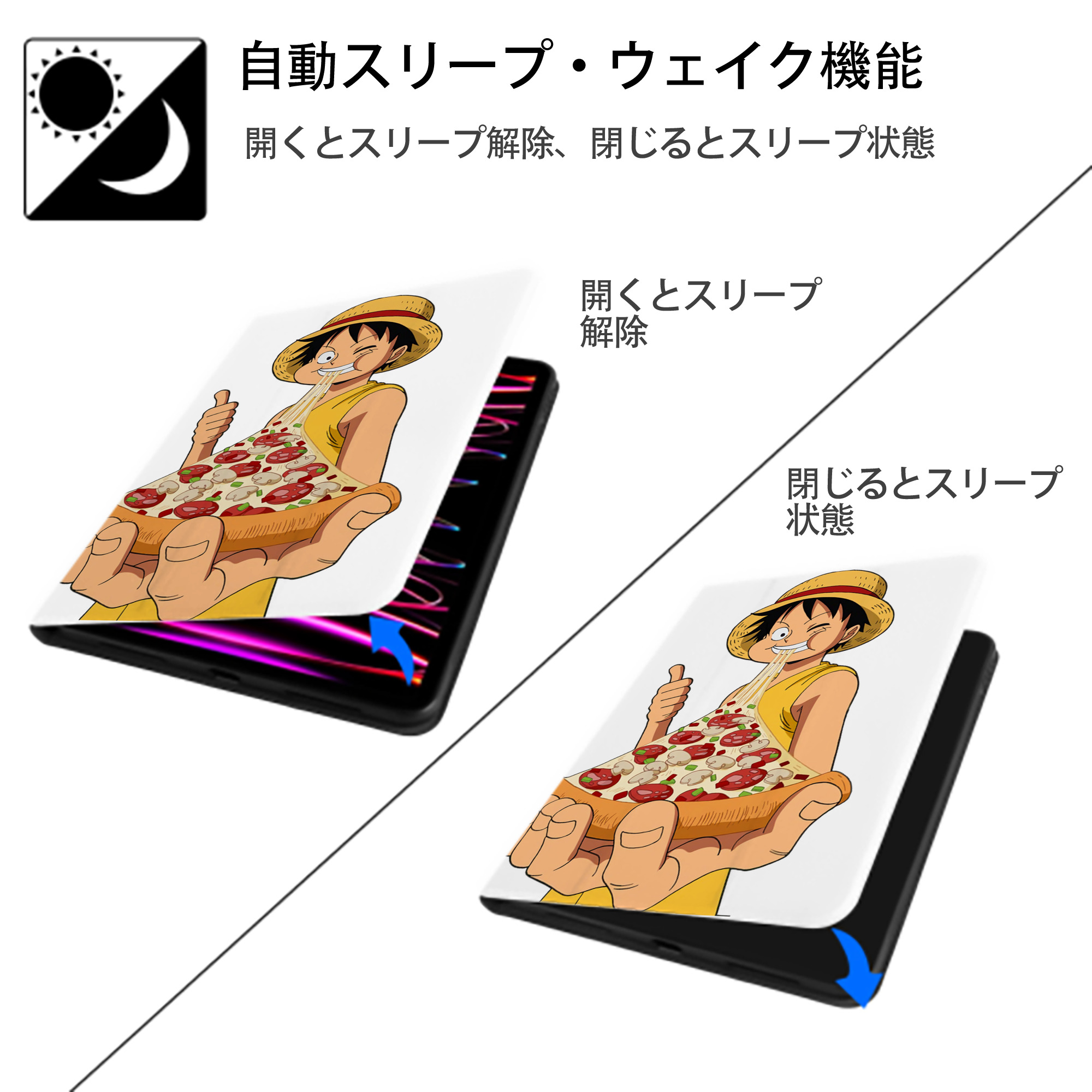 ワンピース モンキー・D・ルフィ ONE PIECE Monkey D. Luffy IPad ケース ペン収納付き 三つ折りスタンド PUレザー×シリコン 対応機種9.5/10.5/10.9インチ
