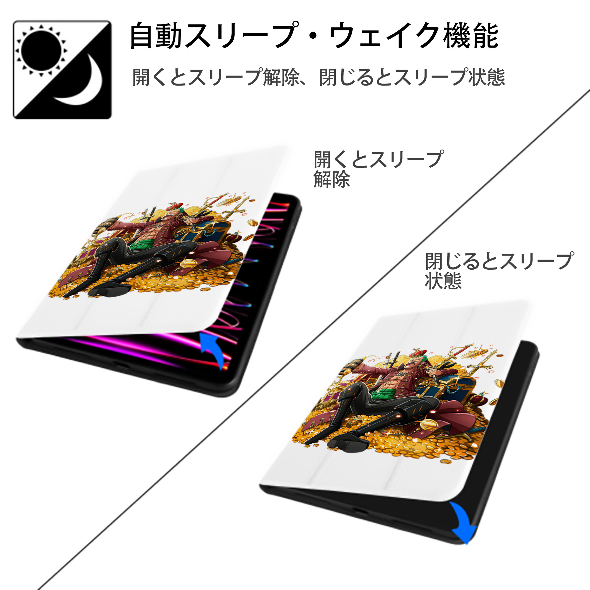 ワンピース ロロノア・ゾロ ONE PIECE Roronoa Zoro IPad ケース ペン収納付き 三つ折りスタンド PUレザー×シリコン 対応機種9.5/10.5/10.9インチ