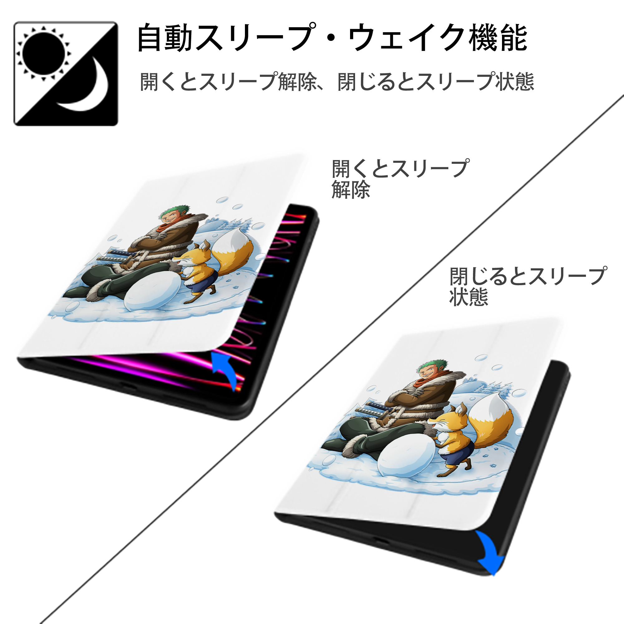 ワンピース ロロノア・ゾロ ONE PIECE Roronoa Zoro IPad ケース ペン収納付き 三つ折りスタンド PUレザー×シリコン 対応機種9.5/10.5/10.9インチ