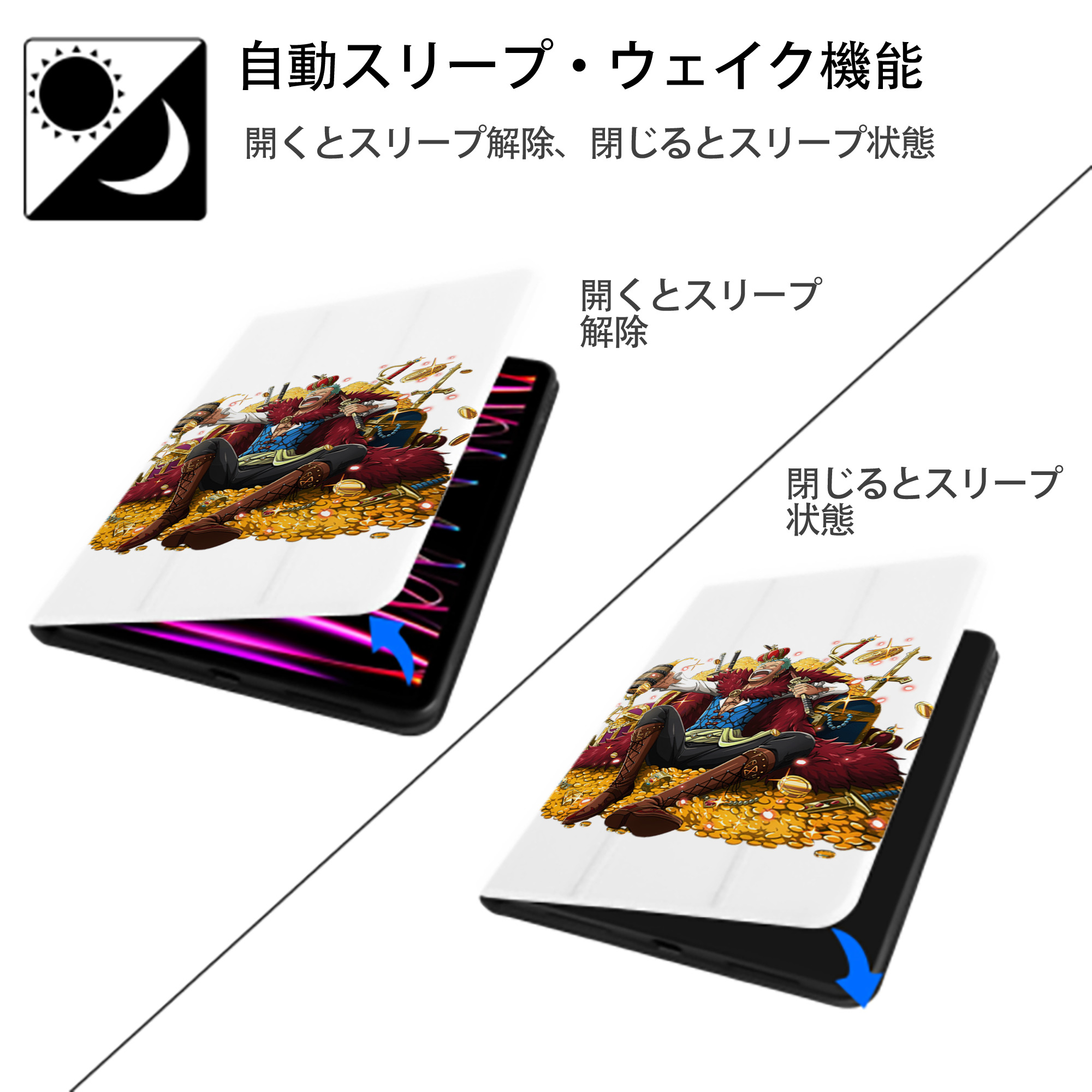 ワンピース ロロノア・ゾロ ONE PIECE Roronoa Zoro IPad ケース ペン収納付き 三つ折りスタンド PUレザー×シリコン 対応機種9.5/10.5/10.9インチ