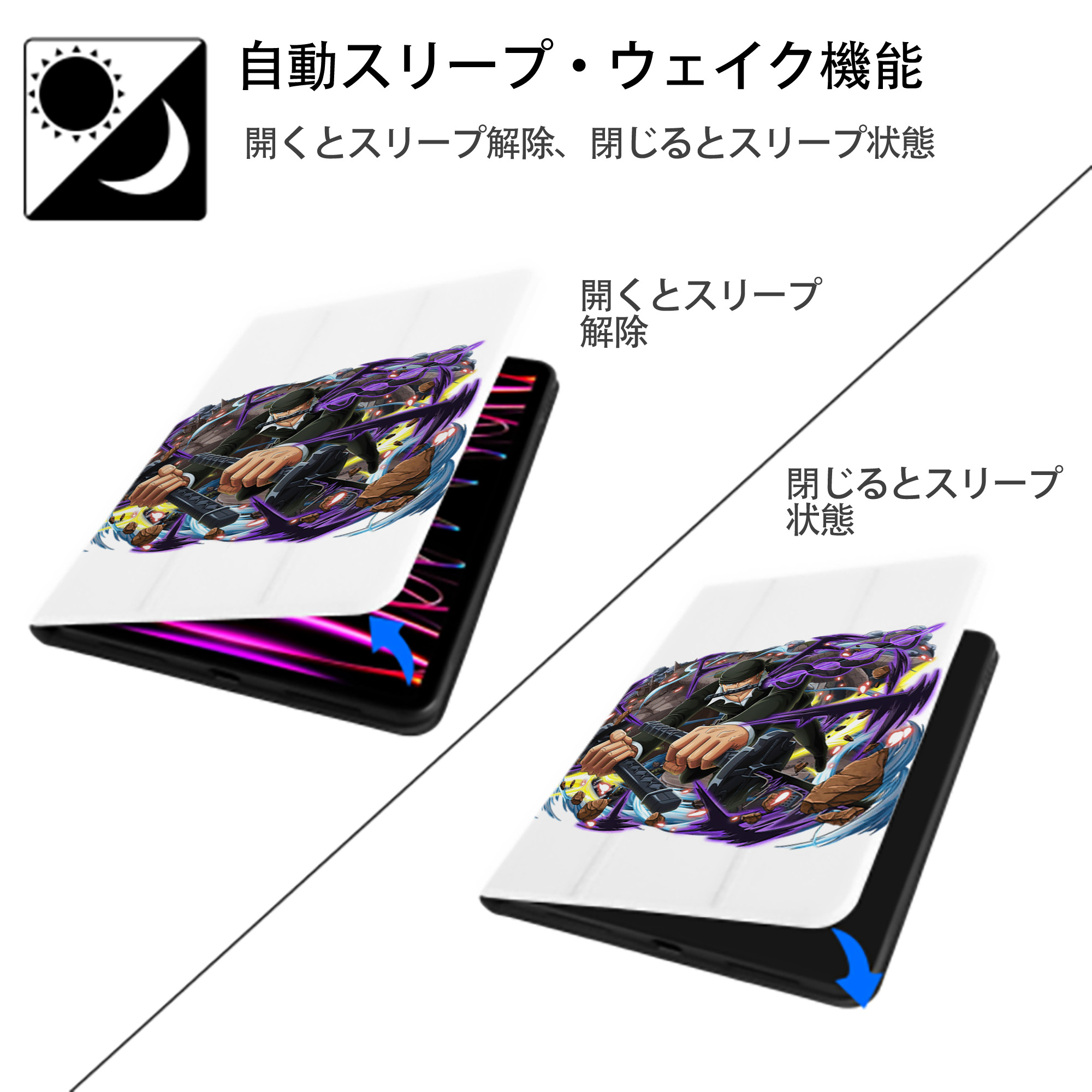 ワンピース ロロノア・ゾロ ONE PIECE Roronoa Zoro IPad ケース ペン収納付き 三つ折りスタンド PUレザー×シリコン 対応機種9.5/10.5/10.9インチ