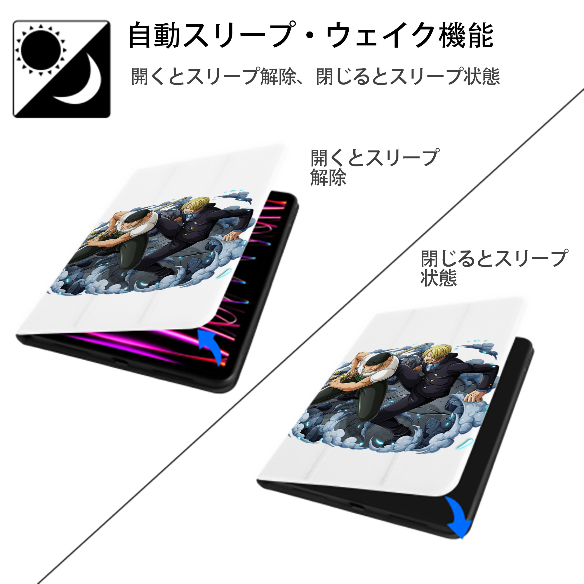 ワンピース ロロノア・ゾロ ONE PIECE Roronoa Zoro IPad ケース ペン収納付き 三つ折りスタンド PUレザー×シリコン 対応機種9.5/10.5/10.9インチ