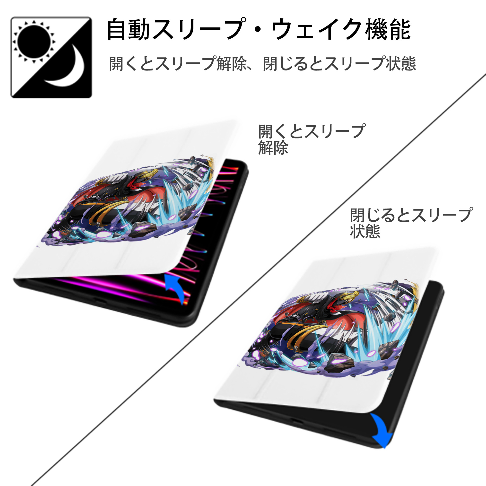 ワンピース ロロノア・ゾロ ONE PIECE Roronoa Zoro IPad ケース ペン収納付き 三つ折りスタンド PUレザー×シリコン 対応機種9.5/10.5/10.9インチ