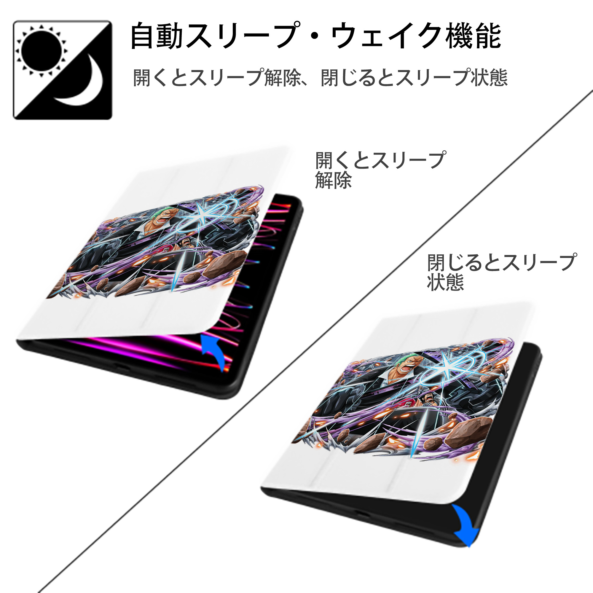 ワンピース ロロノア・ゾロ ONE PIECE Roronoa Zoro IPad ケース ペン収納付き 三つ折りスタンド PUレザー×シリコン 対応機種9.5/10.5/10.9インチ