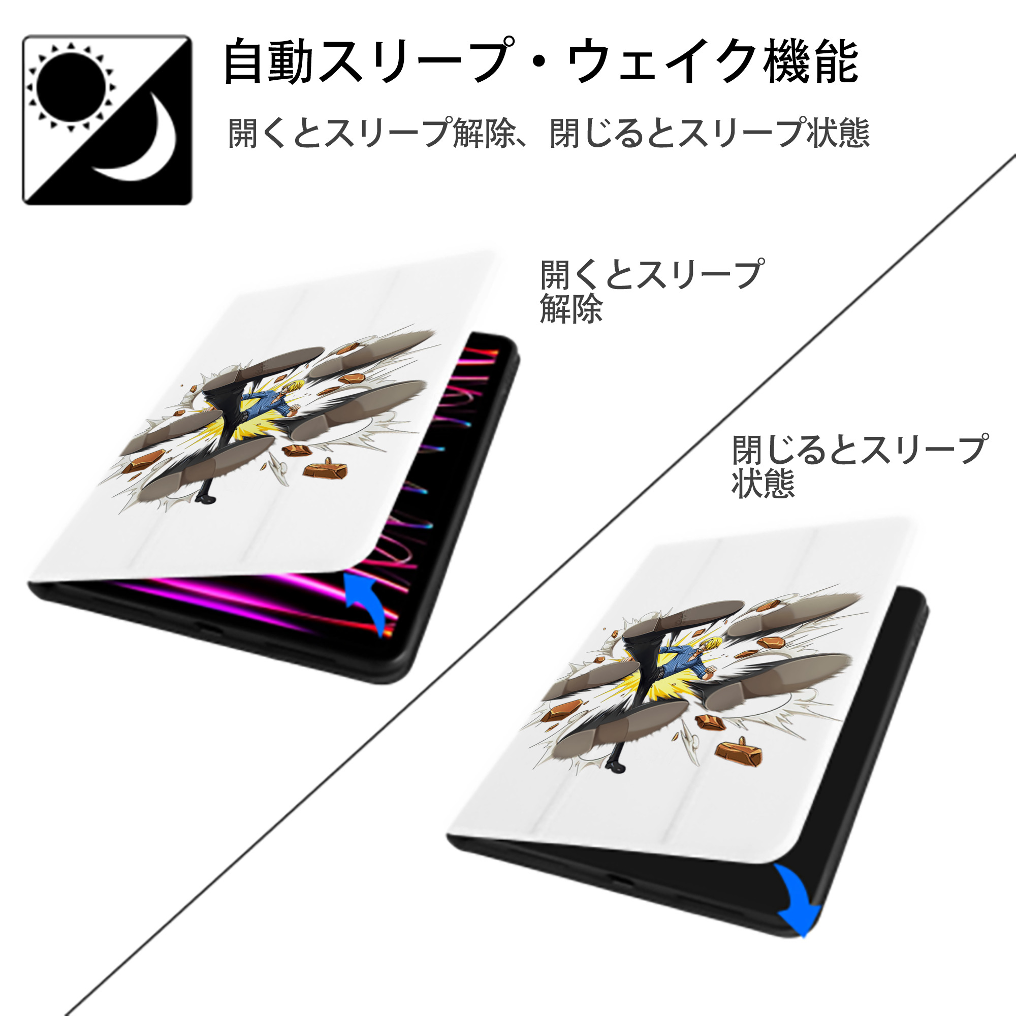 ワンピース サンジ ONE PIECE Sanji IPad ケース ペン収納付き 三つ折りスタンド PUレザー×シリコン 対応機種9.5/10.5/10.9インチ