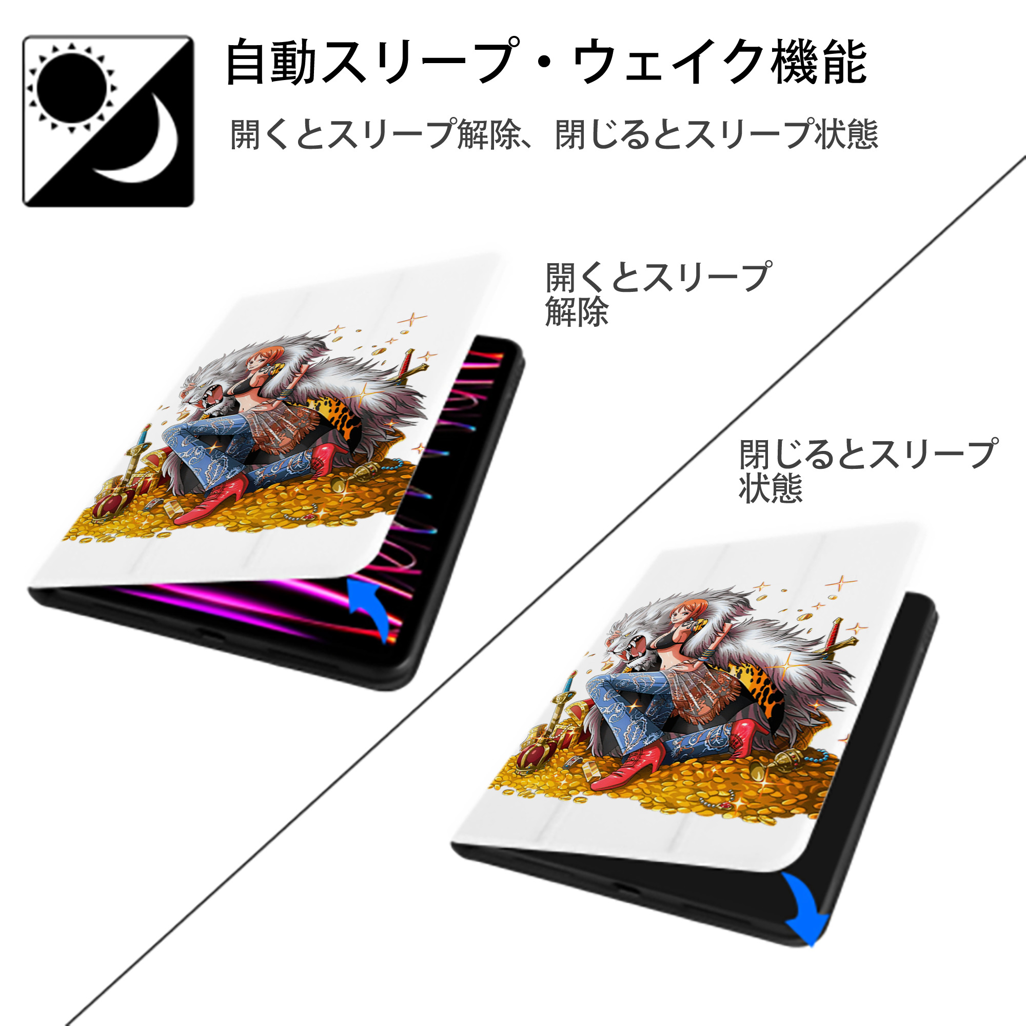 ワンピース ナミ ONE PIECE Nami IPad ケース ペン収納付き 三つ折りスタンド PUレザー×シリコン 対応機種9.5/10.5/10.9インチ