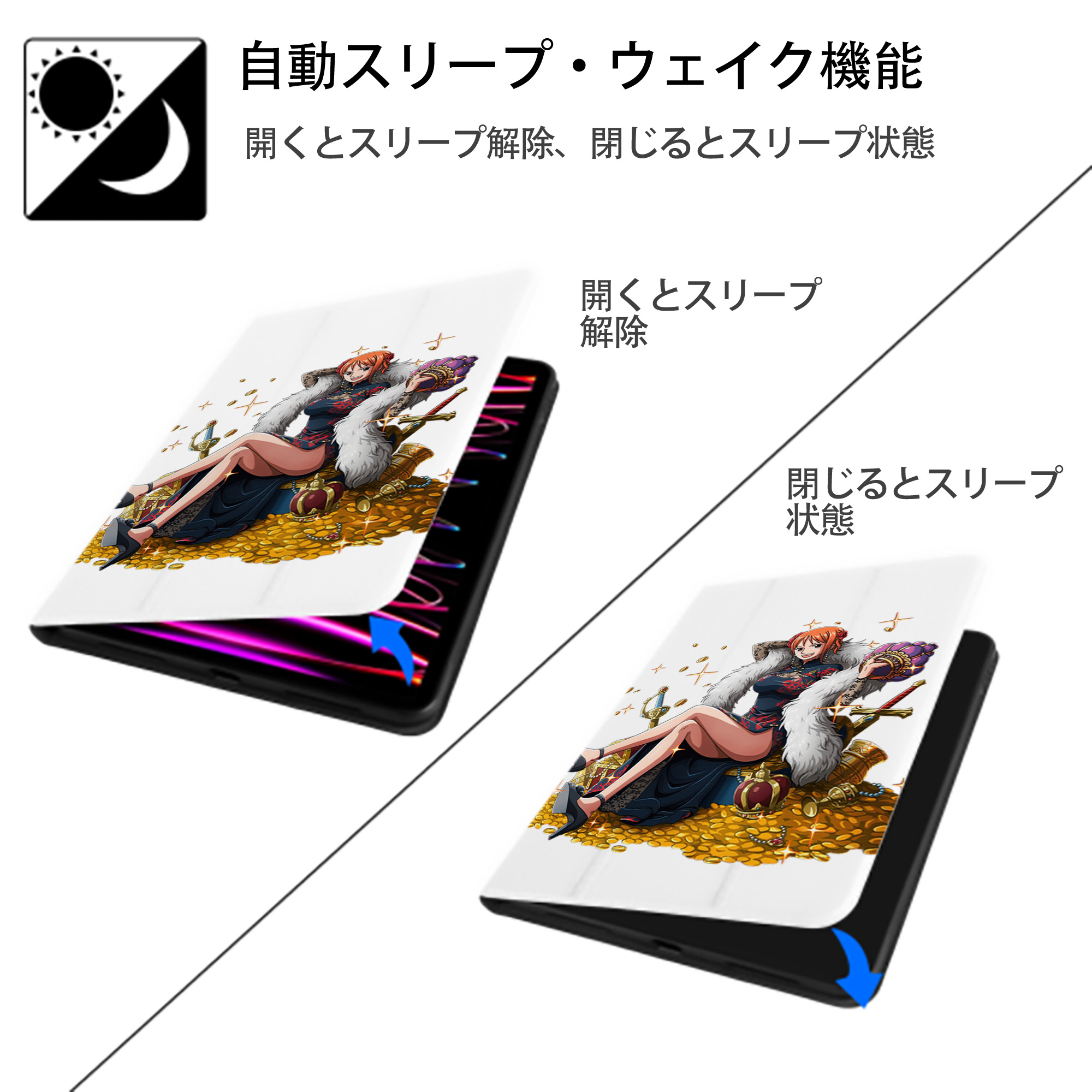 ワンピース ナミ ONE PIECE Nami IPad ケース ペン収納付き 三つ折りスタンド PUレザー×シリコン 対応機種9.5/10.5/10.9インチ