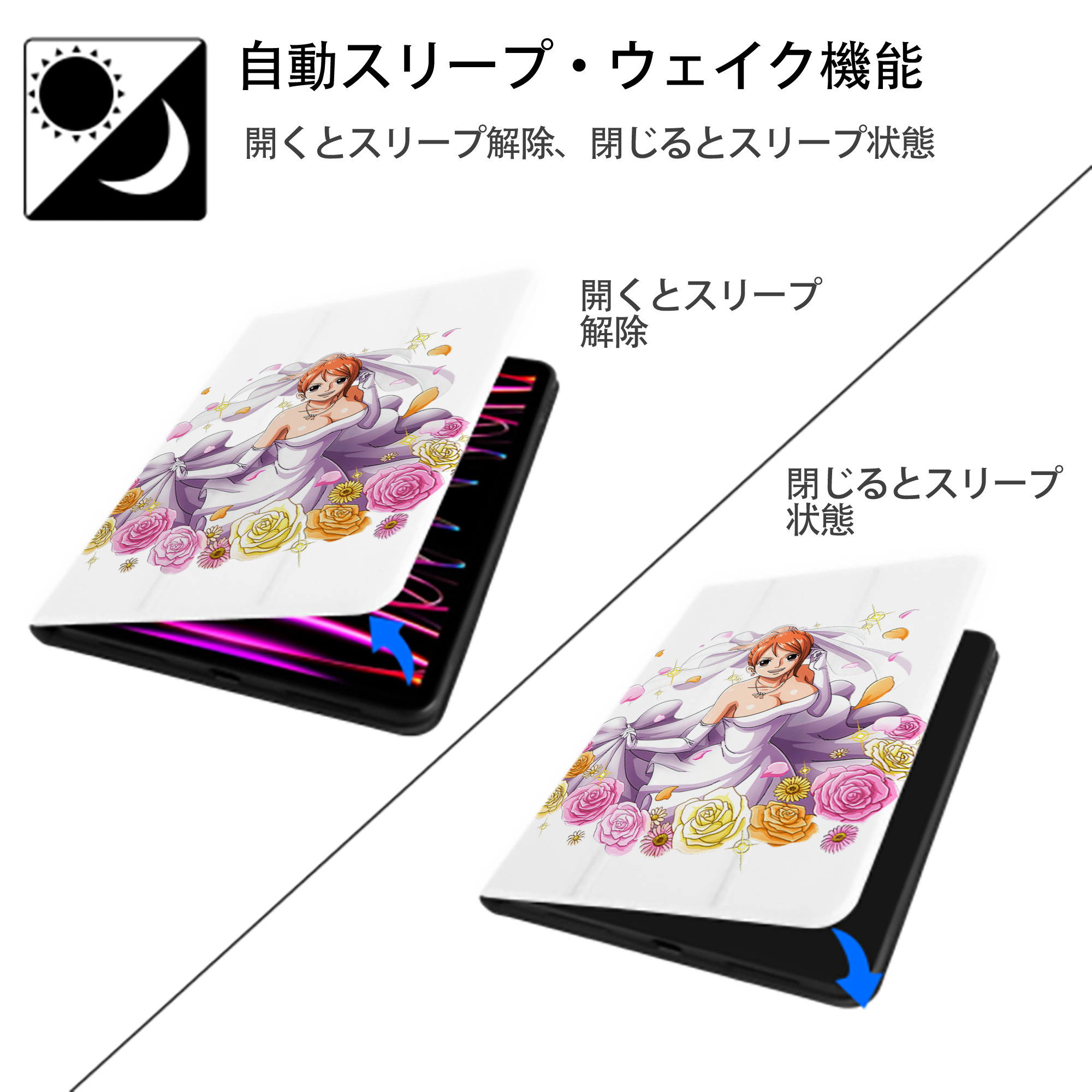 ワンピース ナミ ONE PIECE Nami IPad ケース ペン収納付き 三つ折りスタンド PUレザー×シリコン 対応機種9.5/10.5/10.9インチ