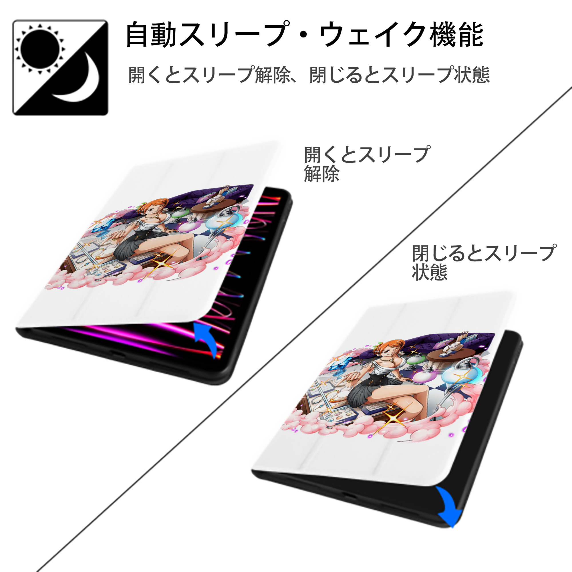 ワンピース ナミ ONE PIECE Nami IPad ケース ペン収納付き 三つ折りスタンド PUレザー×シリコン 対応機種9.5/10.5/10.9インチ