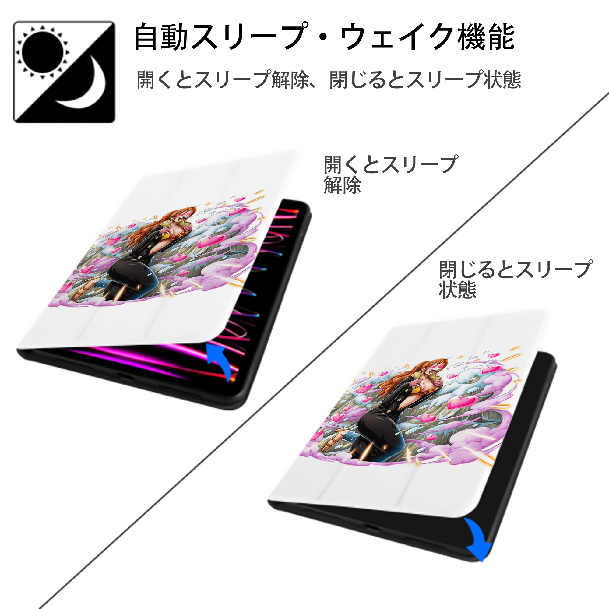 ワンピース ナミ ONE PIECE Nami IPad ケース ペン収納付き 三つ折りスタンド PUレザー×シリコン 対応機種9.5/10.5/10.9インチ