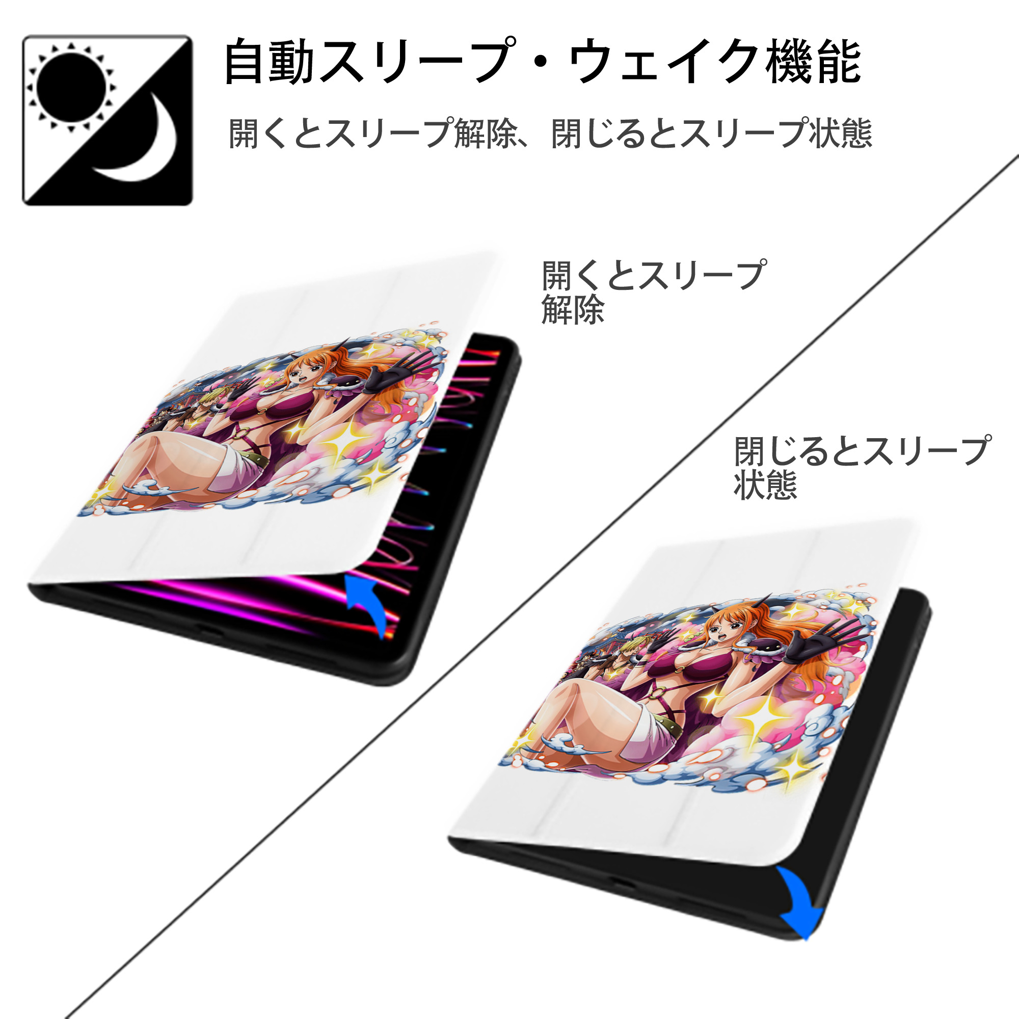 ワンピース ナミ ONE PIECE Nami IPad ケース ペン収納付き 三つ折りスタンド PUレザー×シリコン 対応機種9.5/10.5/10.9インチ