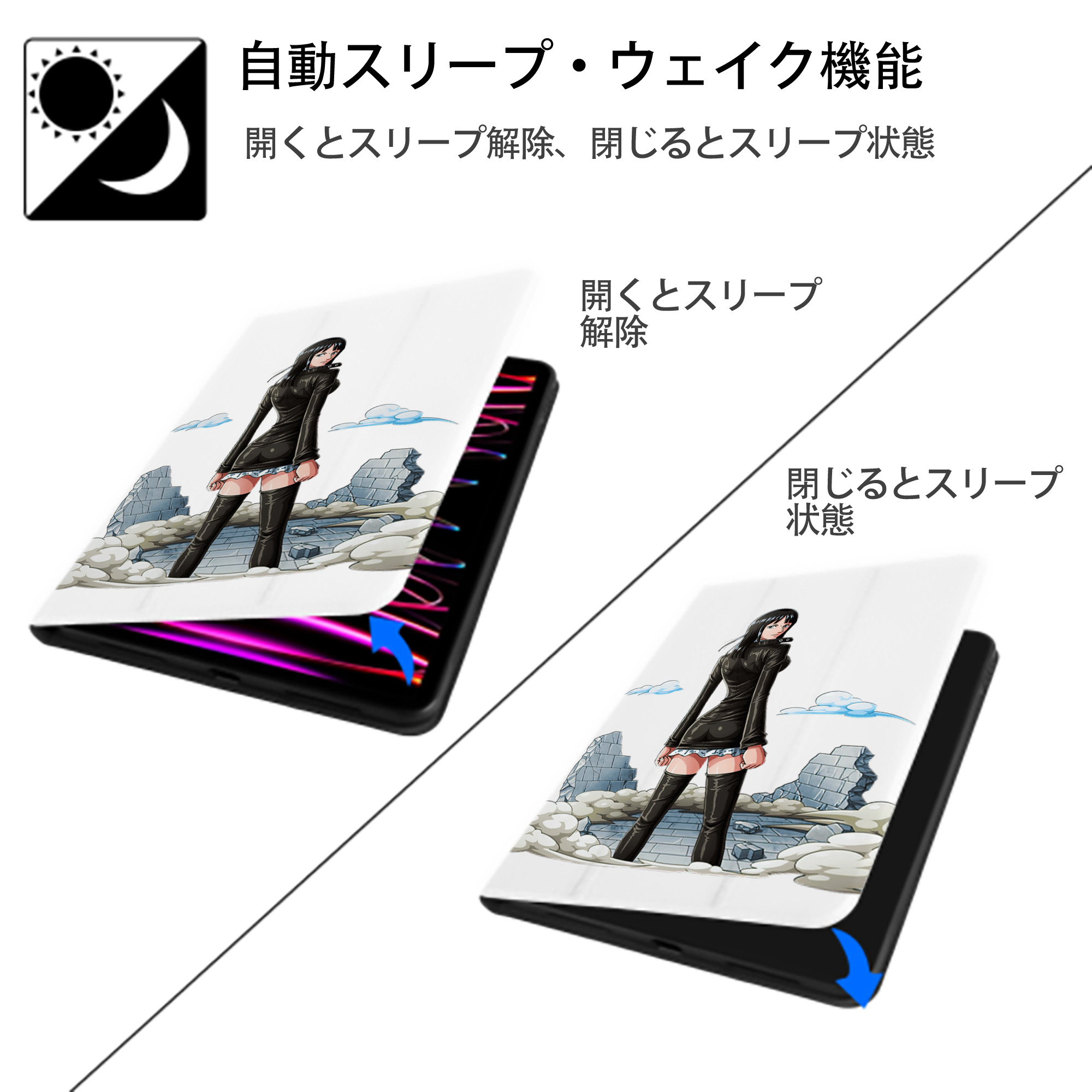 ワンピース ニコ・ロビン ONE PIECE Nico Robin IPad ケース ペン収納付き 三つ折りスタンド PUレザー×シリコン 対応機種9.5/10.5/10.9インチ