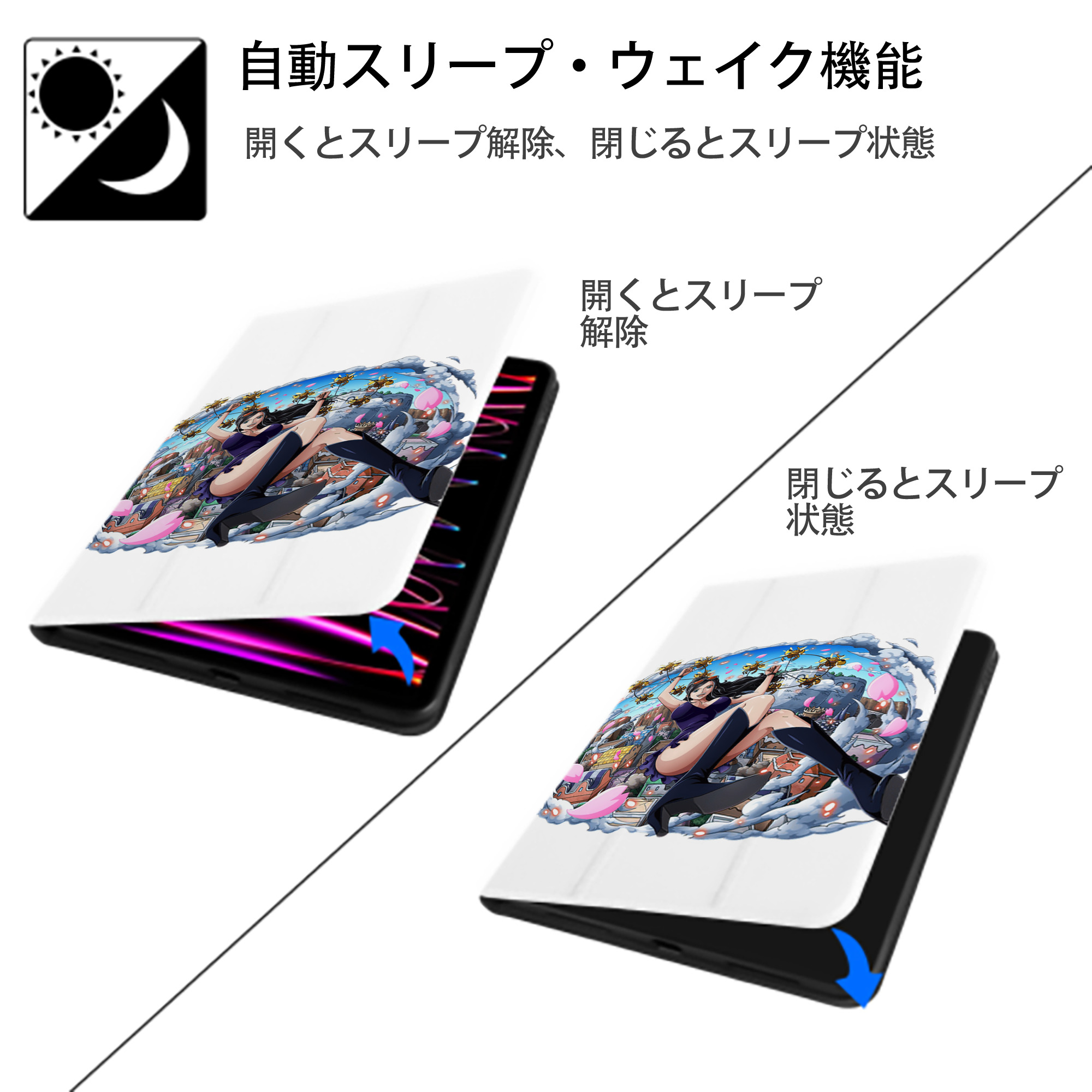 ワンピース ニコ・ロビン ONE PIECE Nico Robin IPad ケース ペン収納付き 三つ折りスタンド PUレザー×シリコン 対応機種9.5/10.5/10.9インチ