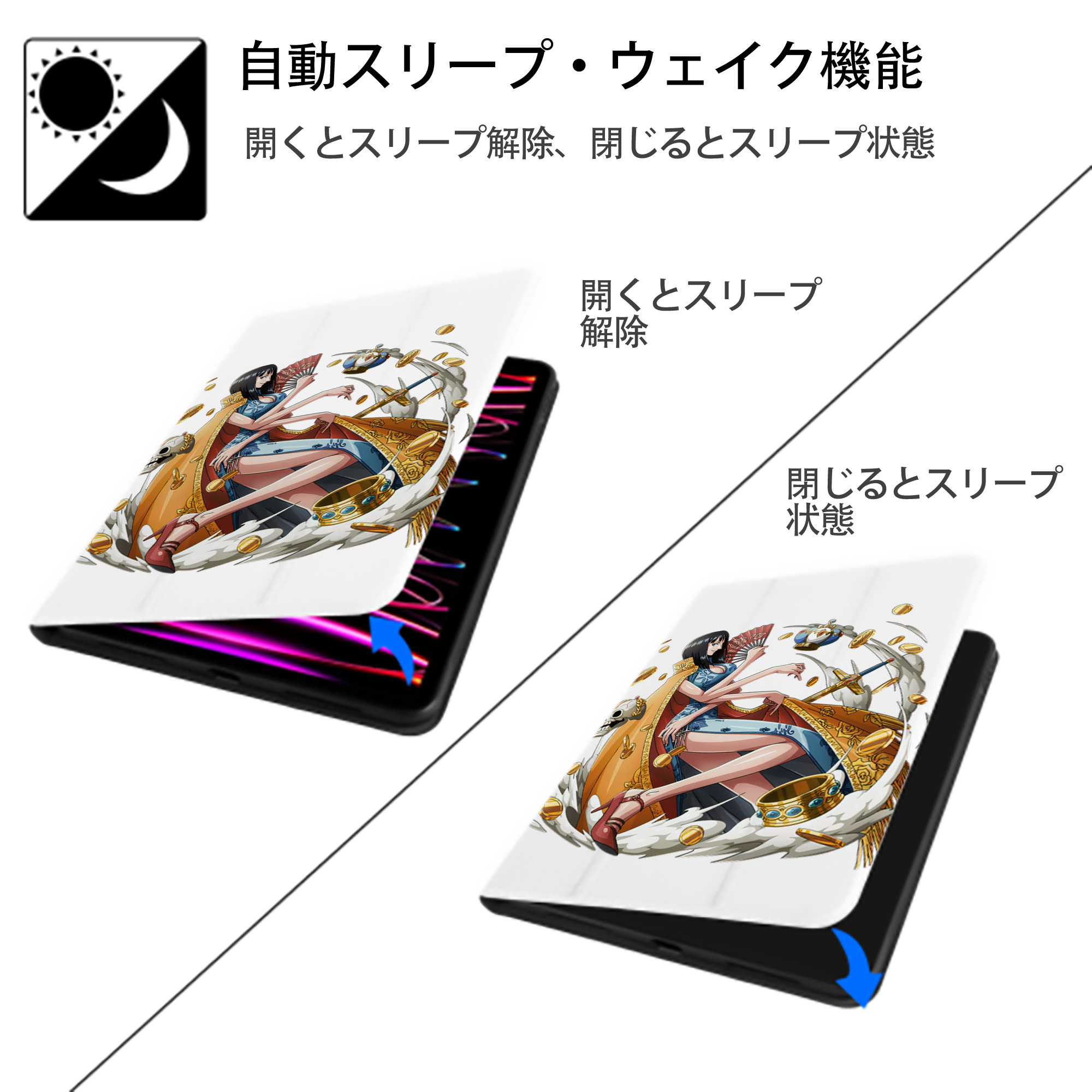 ワンピース ニコ・ロビン ONE PIECE Nico Robin IPad ケース ペン収納付き 三つ折りスタンド PUレザー×シリコン 対応機種9.5/10.5/10.9インチ