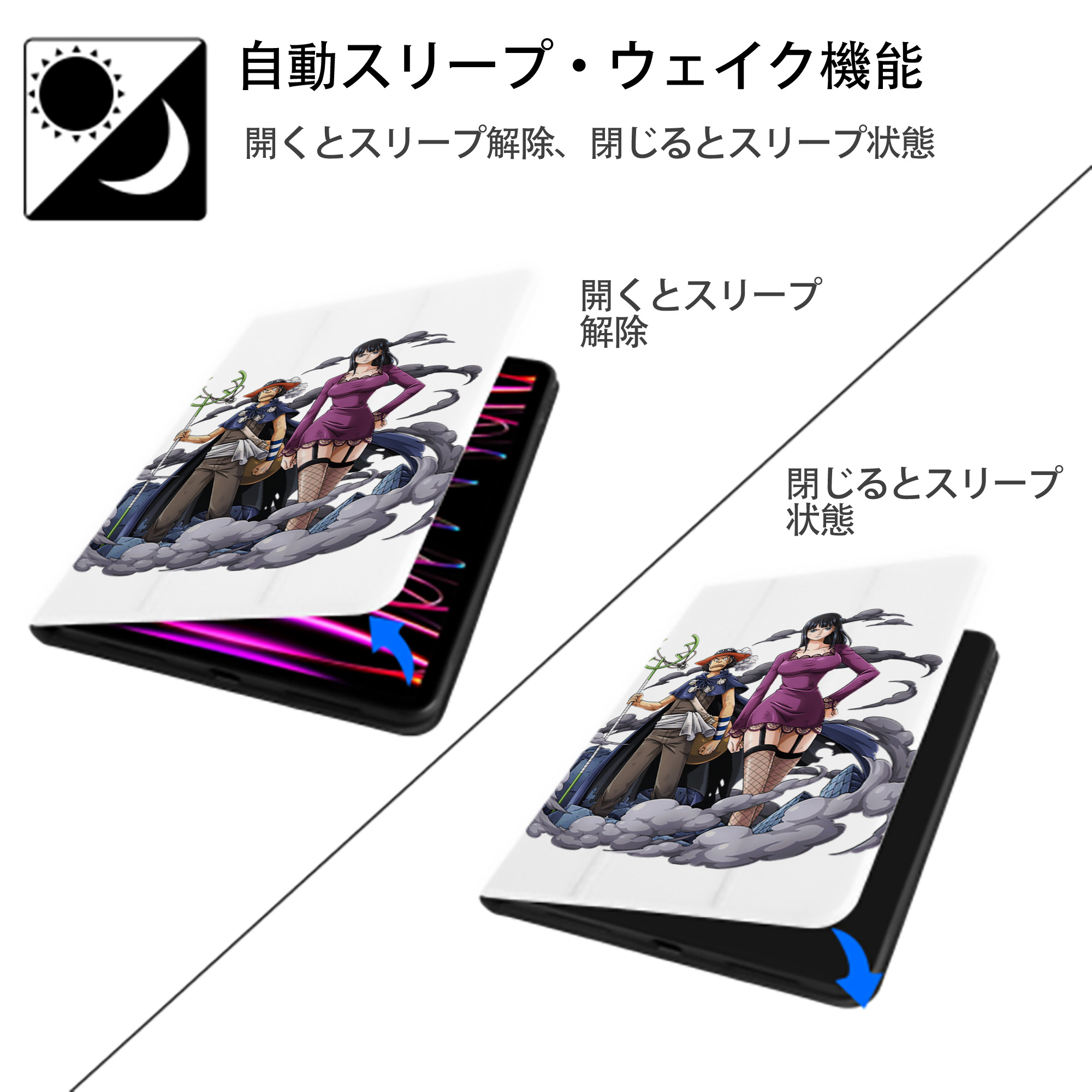 ワンピース ニコ・ロビン ONE PIECE Nico Robin IPad ケース ペン収納付き 三つ折りスタンド PUレザー×シリコン 対応機種9.5/10.5/10.9インチ