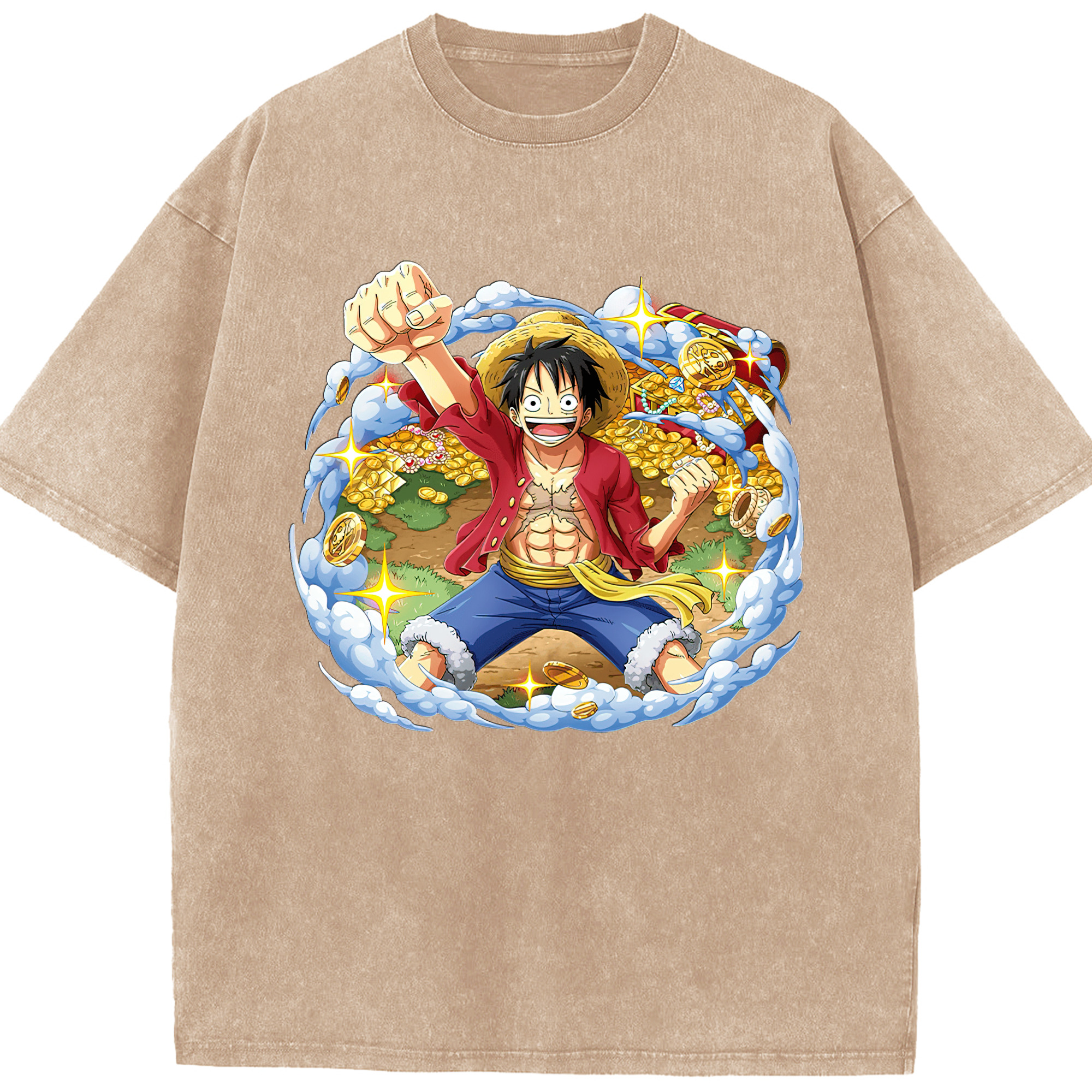 ワンピース モンキー・D・ルフィ ONE PIECE Monkey D. Luffy 綿100% ヴィンテージ風 半袖Tシャツ（フロントプリント）